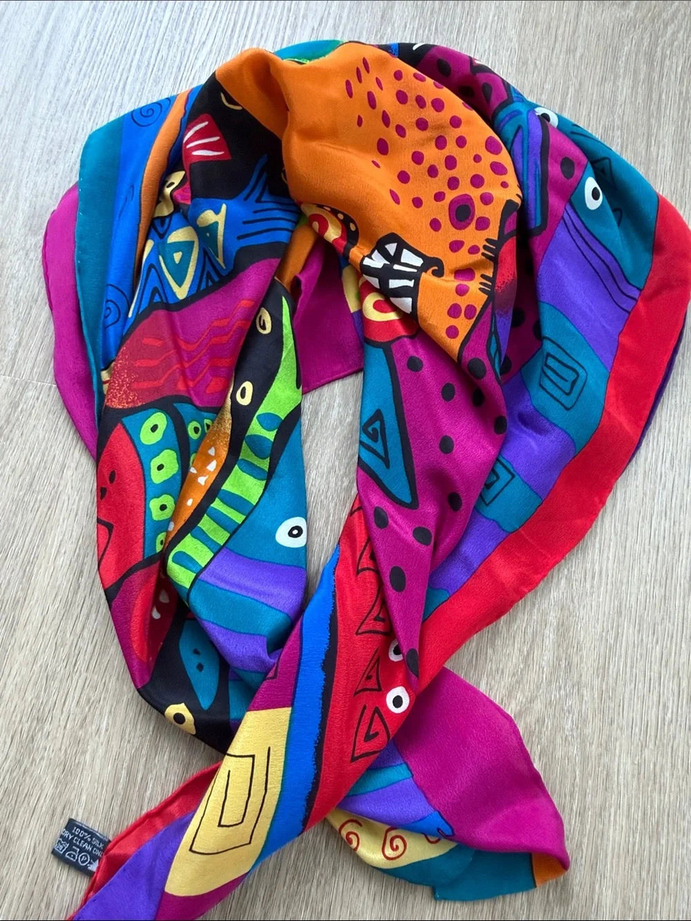 100% Silk Art Scarf Colorful Abstract Animal Fish Print Square 32”